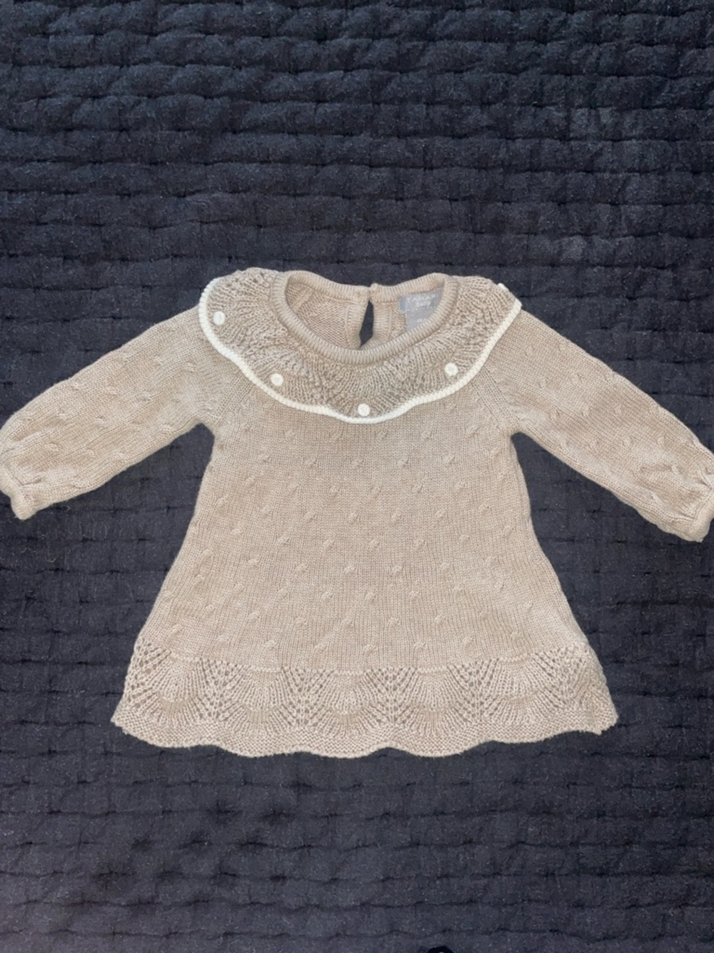 Textured Knit Baby Dress with Decorative Collar - Beige